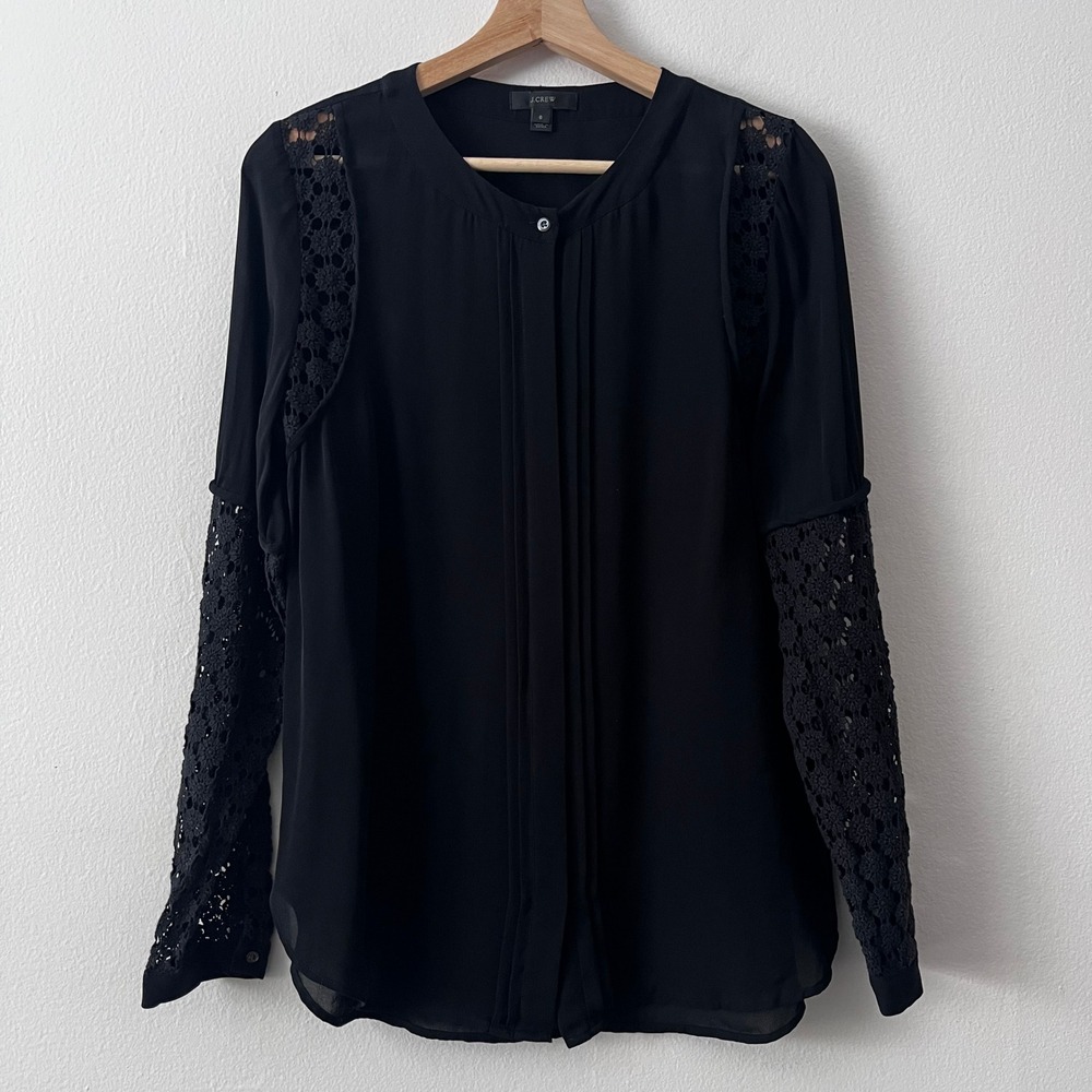 J.Crew Silk Georgette Blouse with Lace Sleeves in Black size small